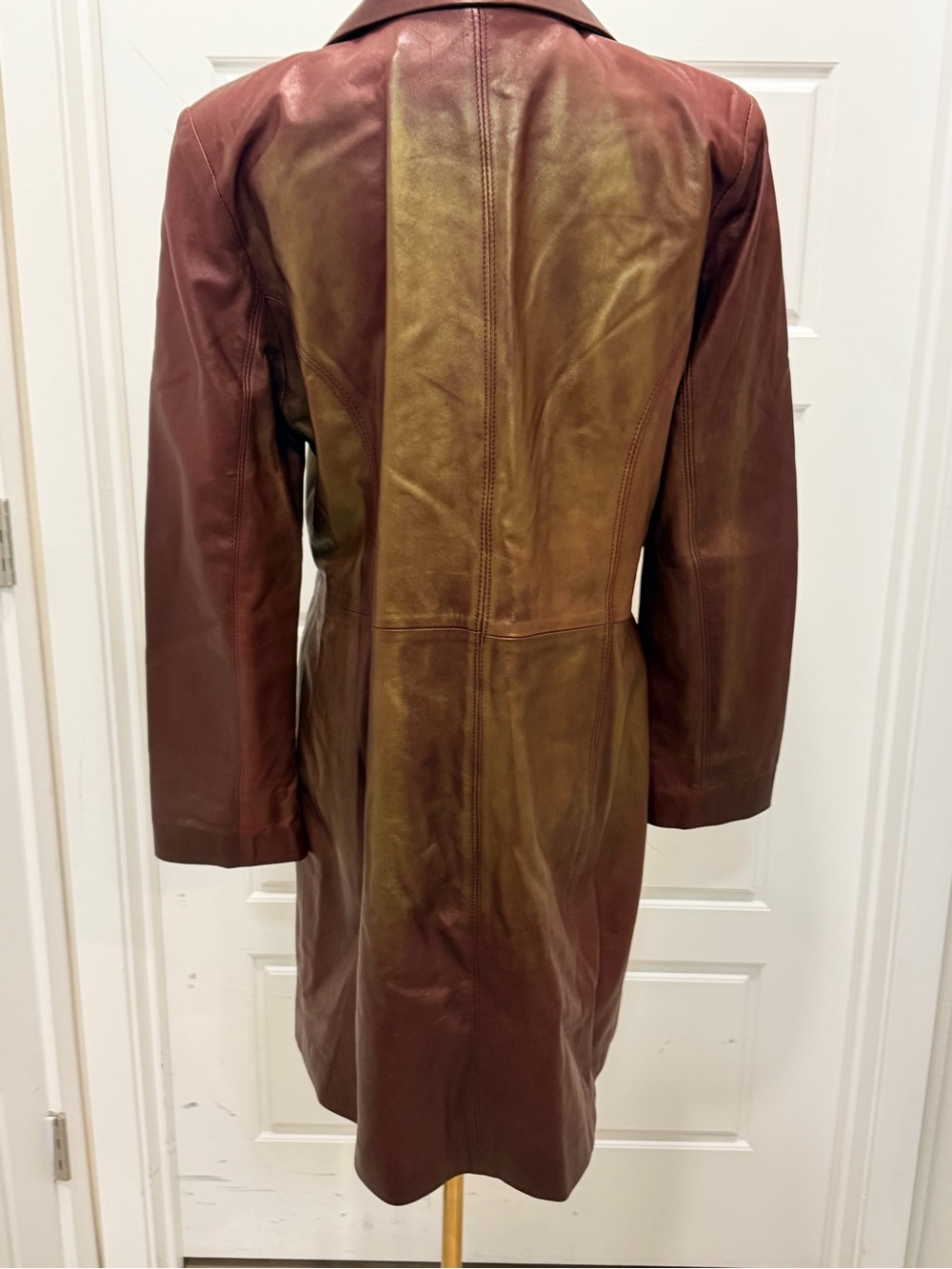 Johenic Leather Button-Front Coat in Deep Brick Red and Shimmering Gold Finish - Picture 8 of 12